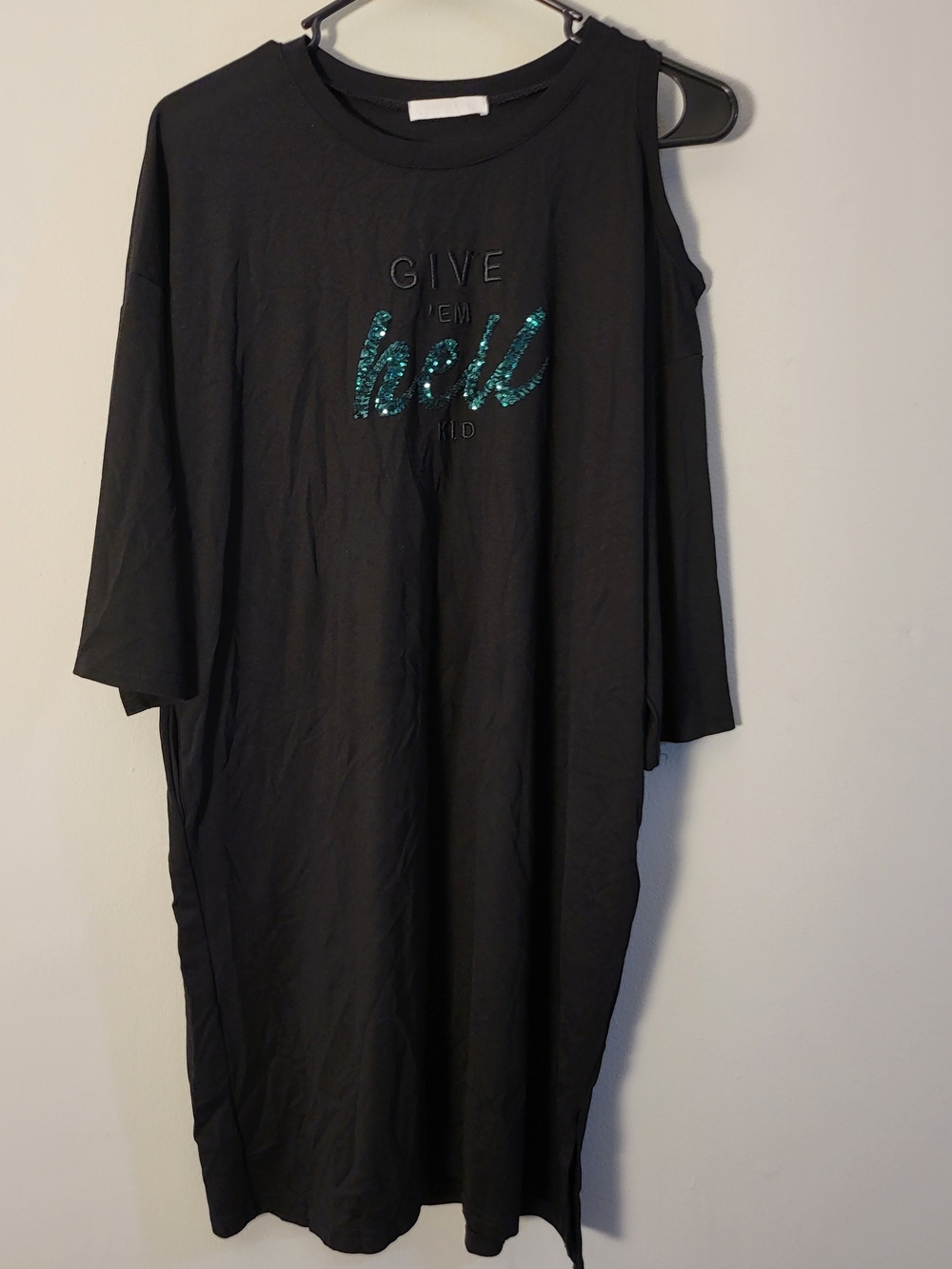 Black Cold-Shoulder Dress with Teal Sequin Script